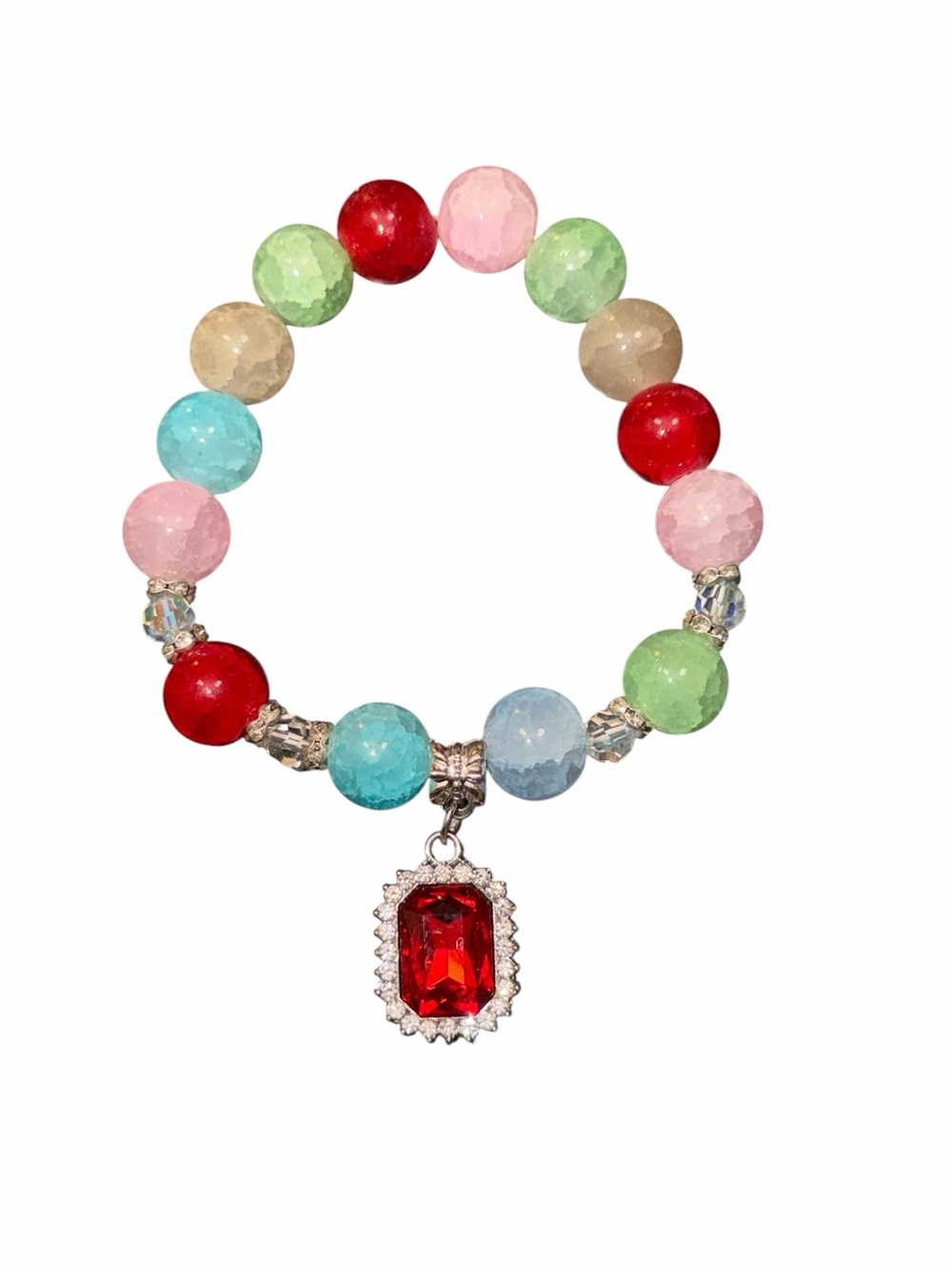 Handmade Multicolor Beaded Charm Bracelet with Red Crystal Pendant